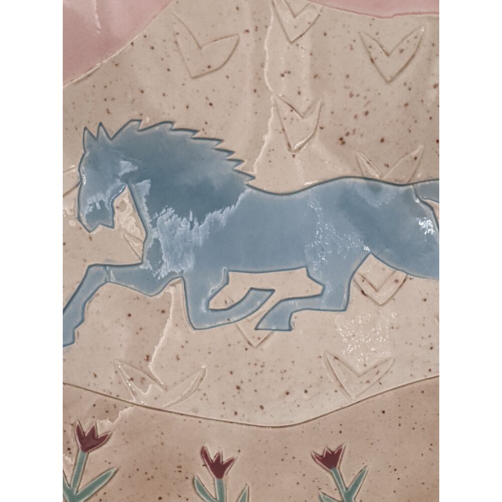 Vintage 1987 Barbara Demery Southwest Ceramic Shallow Bowl – Blue Horse-Signed - Picture 4 of 12